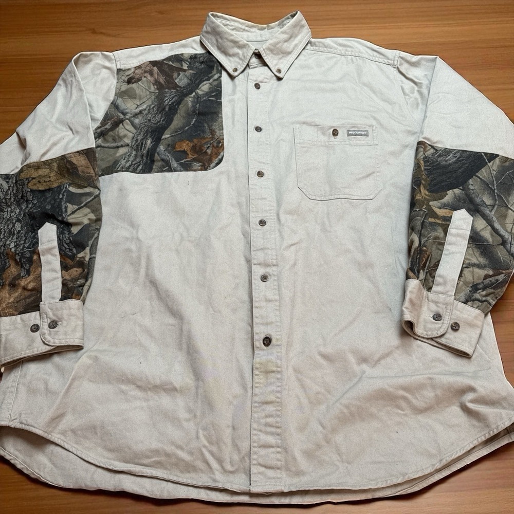 Vintage Woolrich Shooting Shirt Button Up Sz XL Long Sleeve Beige‎ Khaki Camo